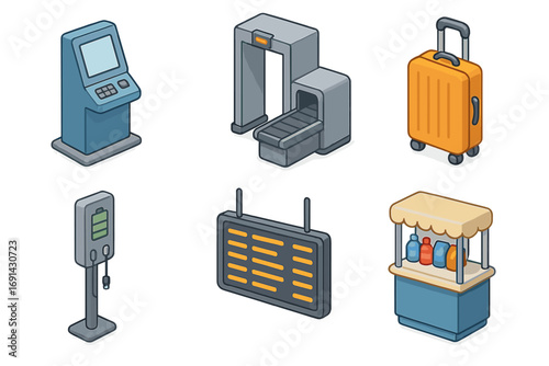 Isometric airport and travel icon set. Vector cartoon illustration of a check-in kiosk, security gate, luggage, charging station, information board, and a vending stand.