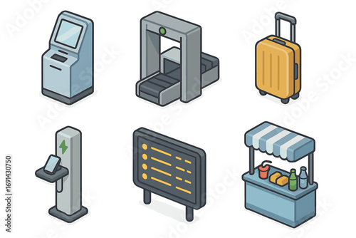 Isometric airport icons set for travel and tourism concepts. Vector collection of luggage, security gate, kiosk, charging station, info board, and food stand for vacation design.