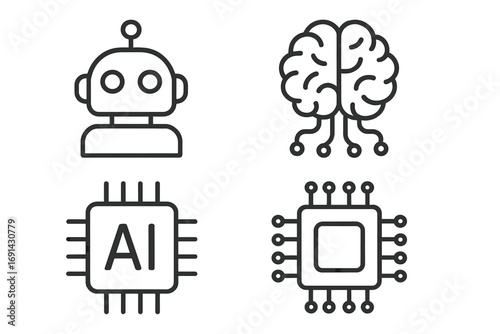 AI icon set. Artificial intelligence. Linear robot head, brain circuit, chip processor icons. Concept machine learning, deep learning, automation. Vector technology symbols.