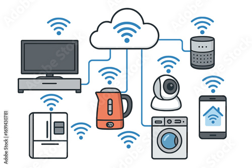 Smart home technology Internet of Things (IoT) concept. Connected home appliances, cloud network. Wireless device automation system. Vector cartoon icon set illustration.