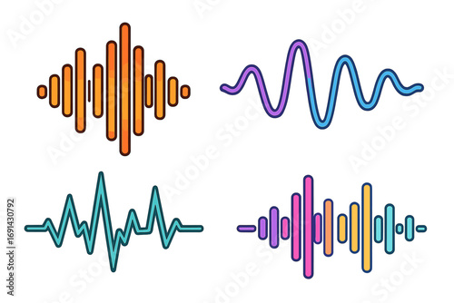 Set of colorful sound wave illustrations. Vector icons for audio, music, and voice concepts. Equalizer, frequency, and waveform graphics. Radio signal and audio spectrum.
