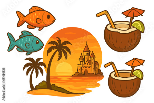 Summer vacation set with tropical beach elements. Cartoon vector icons of fish, coconut cocktails, and a fantasy castle on an island at sunset. Paradise holiday illustration.