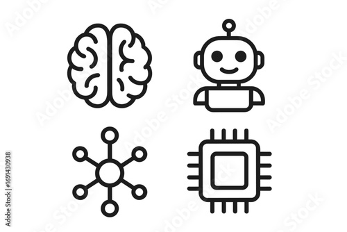AI technology icon set. Minimalist outline vector symbols of brain, robot, network, chip. For machine learning, data science, future tech, automation, deep learning.