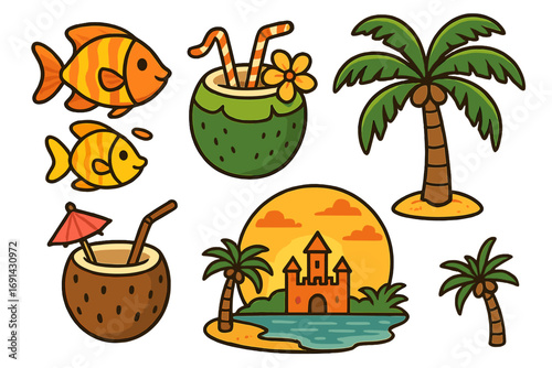 Set of tropical beach vector icons. Cute cartoon summer vacation elements. Palm tree, coconut cocktail, exotic fish, island sandcastle, sunset. Isolated graphic asset collection.