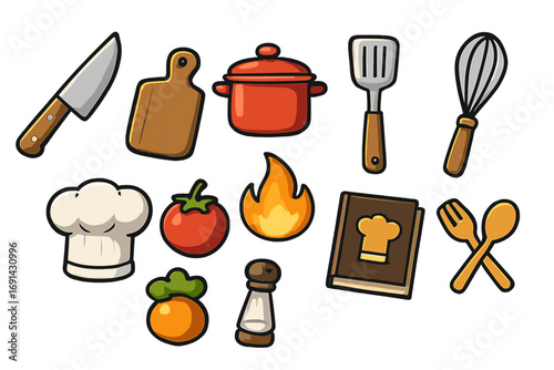 Cooking icon set vector illustration. Cartoon culinary tools and food symbols for kitchen theme. Chef hat, knife, pot, recipe book, and utensil graphic elements collection.