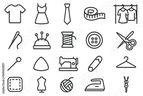 Sewing line icon set. Tailoring, craft, needlework, dressmaking symbols. Garment mending, fashion design. Editable stroke icons for web, apps. Vector illustration.