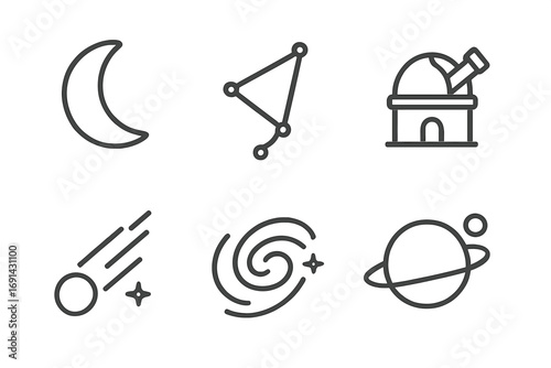 Minimalist astronomy icons set with moon, constellation, observatory, comet, galaxy, planet. Space science and astrology thin line vector symbols. Cosmos exploration concept.