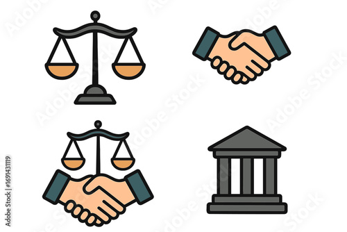 Law and justice icon set. Legal agreement and partnership concept. Handshake, scales of justice, courthouse symbols. Attorney, business deal, contract vector illustration.