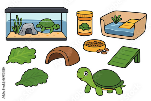 Turtle care essentials set. Pet tortoise and terrapin accessories collection. Vector cartoon illustration of items for turtle habitat, aquarium, food, and shelter.