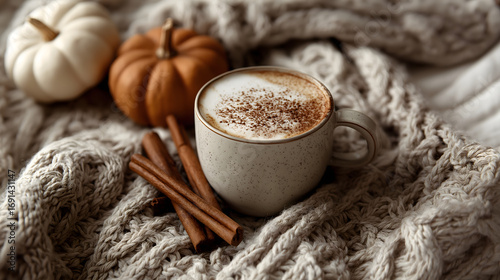 Cozy Autumn Coffee Mug with Pumpkin Cinnamon and Knit Blanket Decor for a Warm Holiday at Home