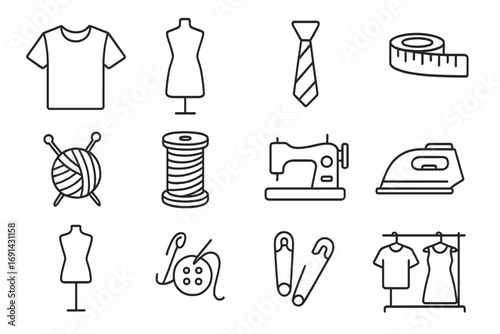 Tailoring and sewing linear icon bundle. Garment and fashion design elements. Modern vector collection with t-shirt, dress, sewing machine, mannequin, thread, measuring tape.
