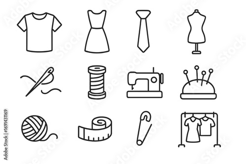 Sewing and garment line icon collection for fashion design, tailoring, and needlework. Modern vector set for dressmaking, web, and apps with t-shirt, dress, and machine icons.