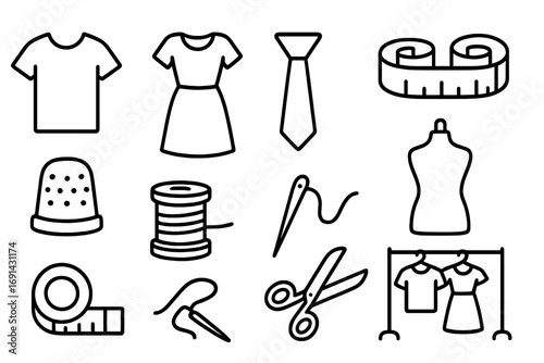 Sewing and tailoring line icon set. Fashion design and garment making outline icons. Contains needle, thread, scissors, tape measure, thimble, mannequin, dress, and shirt.