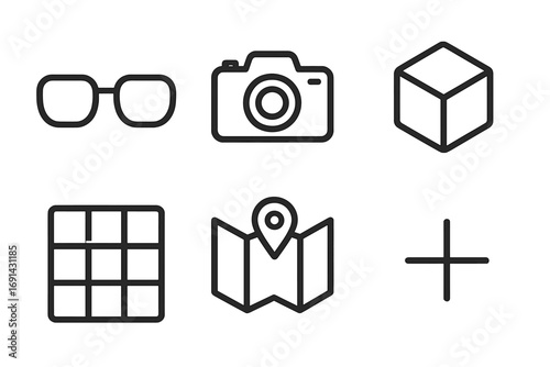 Minimalist augmented reality line icon set. Vector symbols for AR, VR, and metaverse technology. Includes smart glasses, camera, 3D cube, navigation map, and UI elements.