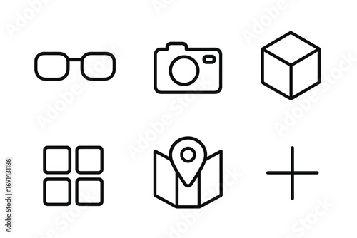 Minimalist augmented reality line icons. Vector symbol set for UI UX design, virtual technology, mobile apps. Contains smart glasses, camera, cube, grid, map, and plus sign.