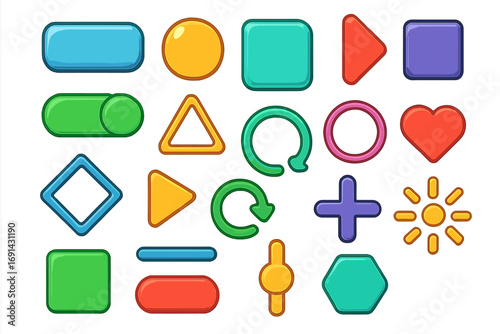 Big set of colorful cartoon buttons and glossy icons for game UI design. Vector assets for web or mobile app interface. Includes play, switch, arrow, heart, and plus symbols.