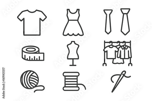 Sewing and tailoring line icon set. Garment and clothes concept. Fashion design outline symbols. Includes T-shirt, dress, tie, measuring tape, mannequin, needle, thread.
