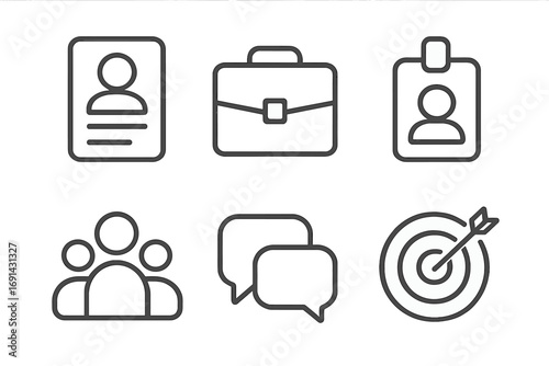 Business line icon set vector. Minimalist outline icons for career and HR. Includes resume, briefcase, ID badge, team, communication chat, and target goal symbol.