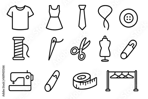 Sewing and tailoring line icon set. Garment, fashion design thin linear icons. Editable stroke. Contains dress, t-shirt, sewing machine, scissors, needle, mannequin vector.