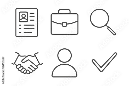 Business icon set for job search and recruitment. Linear icons of resume, briefcase, search, handshake, user, and checkmark. Human resources and hiring concept vector.