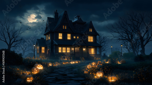 Haunted House Halloween Spooky Night: Jack-O-Lanterns & Moonlit Scene in an Eerie Setting