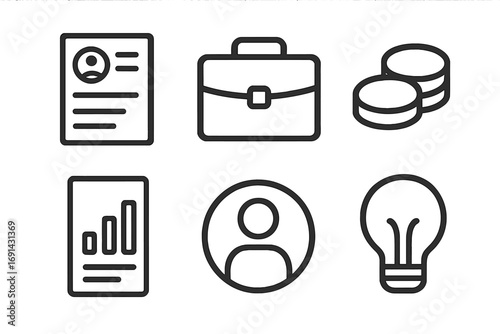Business icon set. Career line art concepts. Job search, resume, work, finance, money, investment, growth report, data analysis, employee profile, innovation idea symbol.