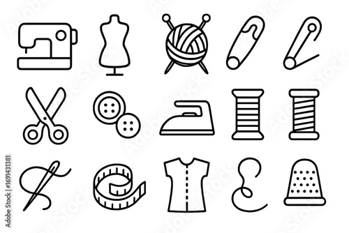 Sewing and tailoring line icon set. Dressmaking and needlework tools collection. Handmade craft, hobby. Fashion design graphic elements for seamstress. Vector outline symbols.