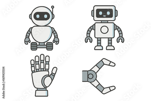 Robot character vector set. Cute cartoon android mascot, bot on wheels, robotic hand, and industrial claw gripper. Future technology and artificial intelligence concept.