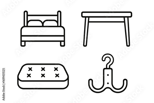 Furniture icon set simple line illustration. Vector symbols of bed, table, mattress, and coat hook for home interior design. Outline graphic elements for web, apps, posts.