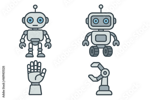 Set of robot icons and robotic hands. Vector cartoon illustration of androids, bots, and mechanical arms. Concepts of technology, automation, and artificial intelligence.