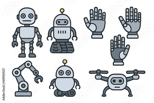 Robot icon set. Collection of various robotic illustrations. Android, cyborg, drone, robotic arm and hands. Future technology and automation concept. Vector cartoon design.