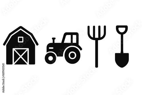 Farm icon set with barn, tractor, pitchfork, and shovel. Agriculture symbol collection. Minimalist vector pictogram for farming, rural life, and harvest themes. Isolated element.