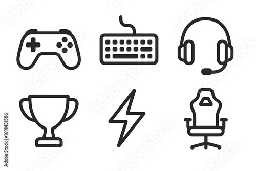 Minimalist gaming icons set. Vector line art symbols for esports and gamers. Includes controller, keyboard, headset, trophy, power bolt, and ergonomic gaming chair pictogram.