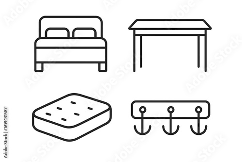 Home furniture and interior linear icons set. Outline vector illustration of bed, table, mattress, coat rack. Simple minimalist graphic symbols for web, mobile app, and UI design.