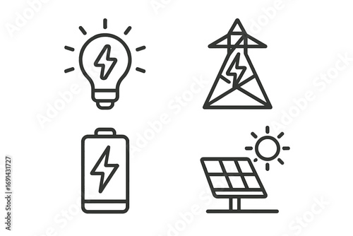 Minimalist linear energy icon set including light bulb, power tower, battery, and solar panel with sun, modern vector design for renewable energy and technology concepts