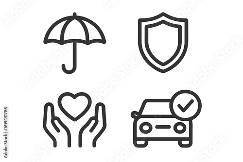 Minimalist insurance and safety icons set with umbrella, shield, heart care, and car approval symbols, simple vector cartoon illustration, transparent background, protection concept