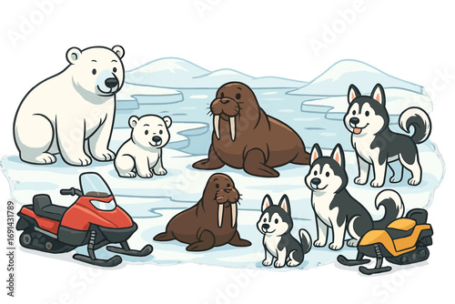 Winter arctic animal cartoon character set. Cute polar bear family, walrus, husky sled dog and snowmobile vehicle. Isolated vector illustration collection in snowy landscape.