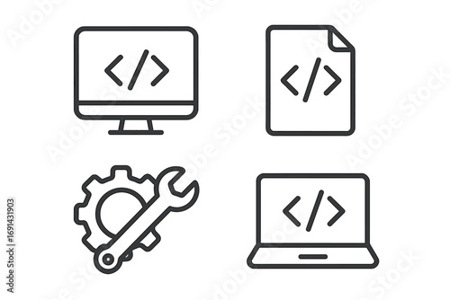 Minimalist coding and programming icons set with transparent background, including monitor, document, laptop, gear and wrench tools for software development and web design concepts