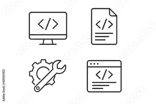 Minimalist line icons for coding and programming, software development and coding symbols set, vector cartoon illustration with transparent background, tech and programming tools