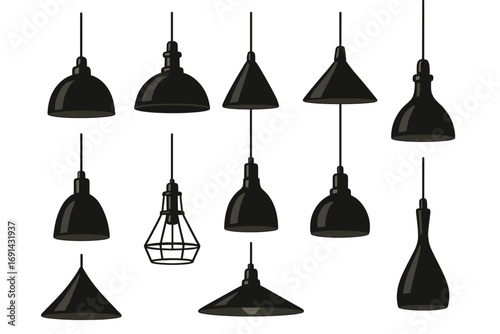 Set of black pendant lamps. Collection of various hanging ceiling light fixtures. Vector illustration for interior design. Modern, industrial, and loft style lighting elements.
