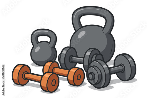 Set of dumbbells and kettlebells for strength training. Gym workout equipment for fitness and bodybuilding. Vector cartoon illustration of heavy weights isolated on white background.