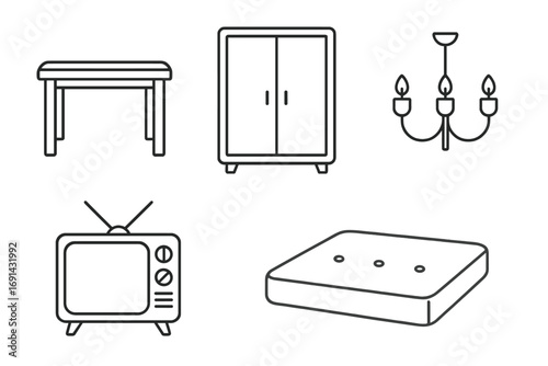 Furniture and home appliance line icon set. Vector collection of table, closet, chandelier, retro tv, and mattress symbols. Editable stroke for interior design graphics.