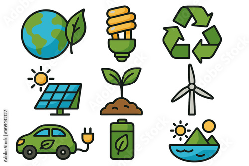 Environmental sustainability and renewable energy icon set. Vector cartoon illustration of eco friendly concepts like planet earth, recycling, solar and wind power, electric car.