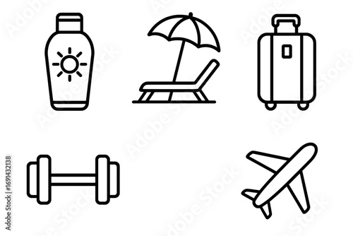 Travel vacation icon set. Summer holiday outline symbols. Tourism transport active lifestyle concept. Vector line pictograms airplane flight luggage baggage beach sunscreen gym.