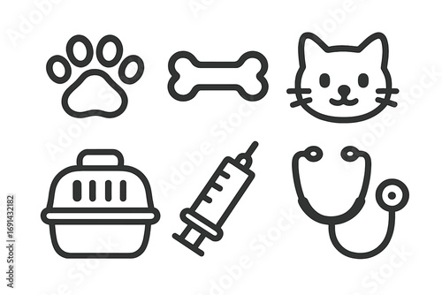 Minimalist pet care icons set with paw print, dog bone, cat face, pet carrier, syringe, and stethoscope. Veterinary and animal health vector illustrations for pet care and vet clinic designs.