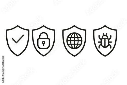 Minimalist shield icons with security and protection concepts, line art style vector set, lock, check mark, globe, bug, cybersecurity, internet safety illustration