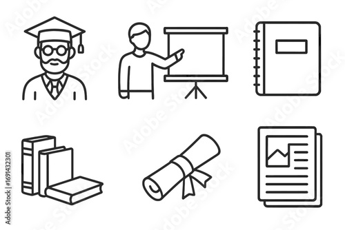 University education outline icon set. Professor, teacher, presentation board, notebook, diploma icons. School, college, learning, and graduation linear symbols collection.
