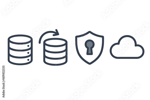 Minimalist tech icons set including data storage, backup, cybersecurity shield, and cloud computing symbol, vector cartoon illustration with transparent background, technology concept
