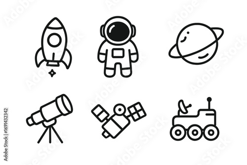 Minimalist space icons set featuring rocket spaceship, astronaut suit, planet with rings, telescope for astronomy, satellite orbiting Earth, and Mars rover vehicle, vector cartoon illustration