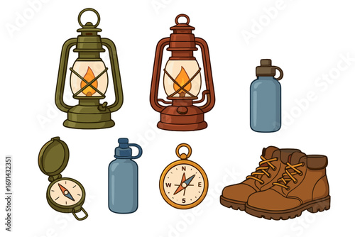Camping and hiking essentials set. Collection of outdoor adventure gear including retro lantern, water bottle, compass, and boots. Vector cartoon travel equipment icons.